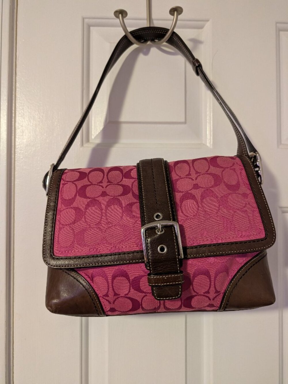 Coach Hampton bag in pink signature/brown leather